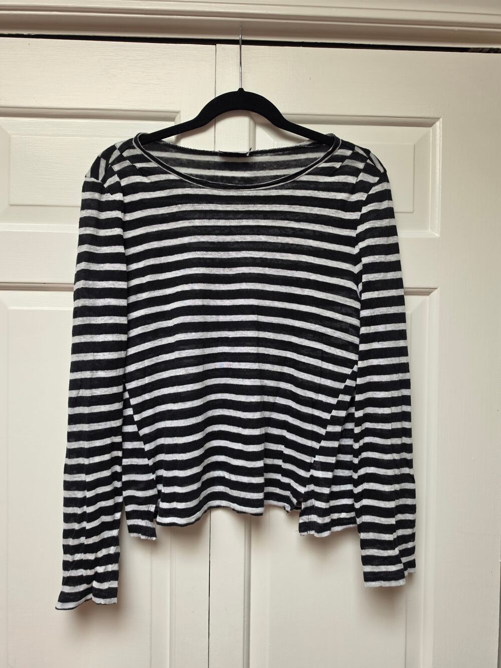Frame Pintuck Horizontal Stripe Black White Linen Top Medium